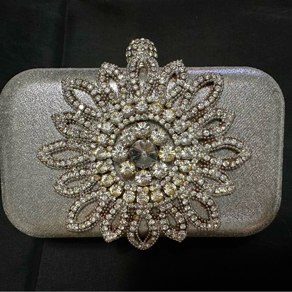 Silver Clutch with Crystal Embellishment